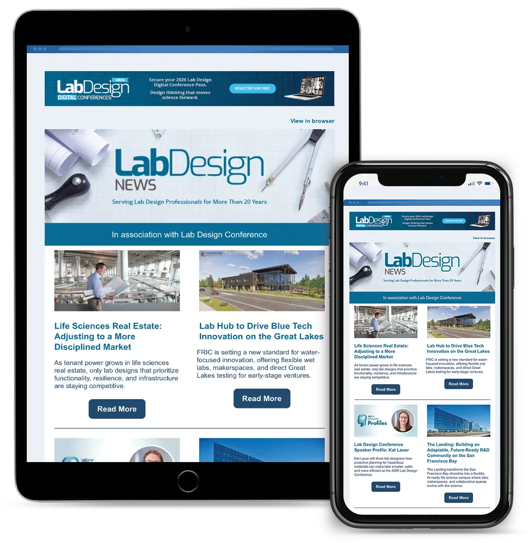 Lab Design Newsletter displayed on tablet and phone